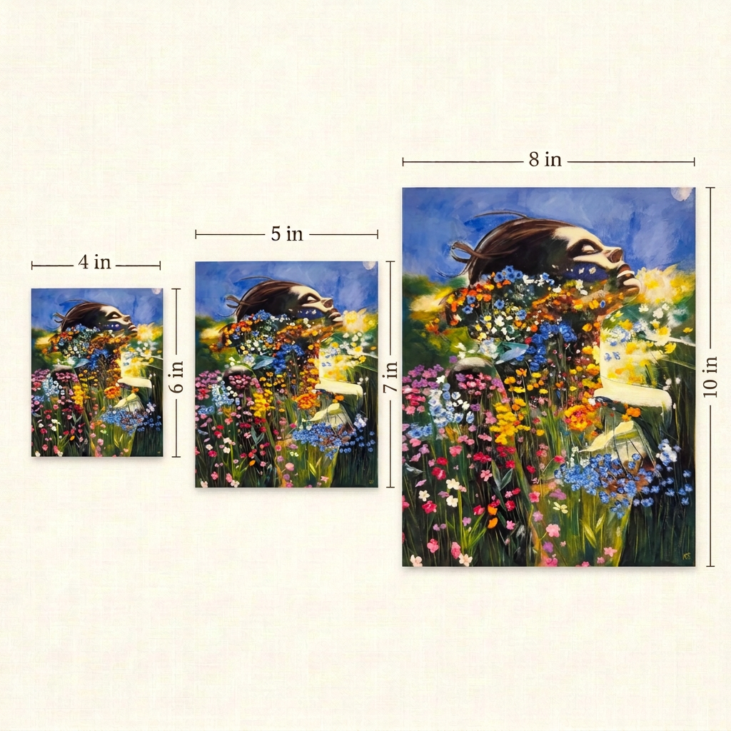 Field Of Desires Print size guide showing three portrait prints with width and height measurements: 4 × 6, 5 × 7 and 8 × 10 inches.