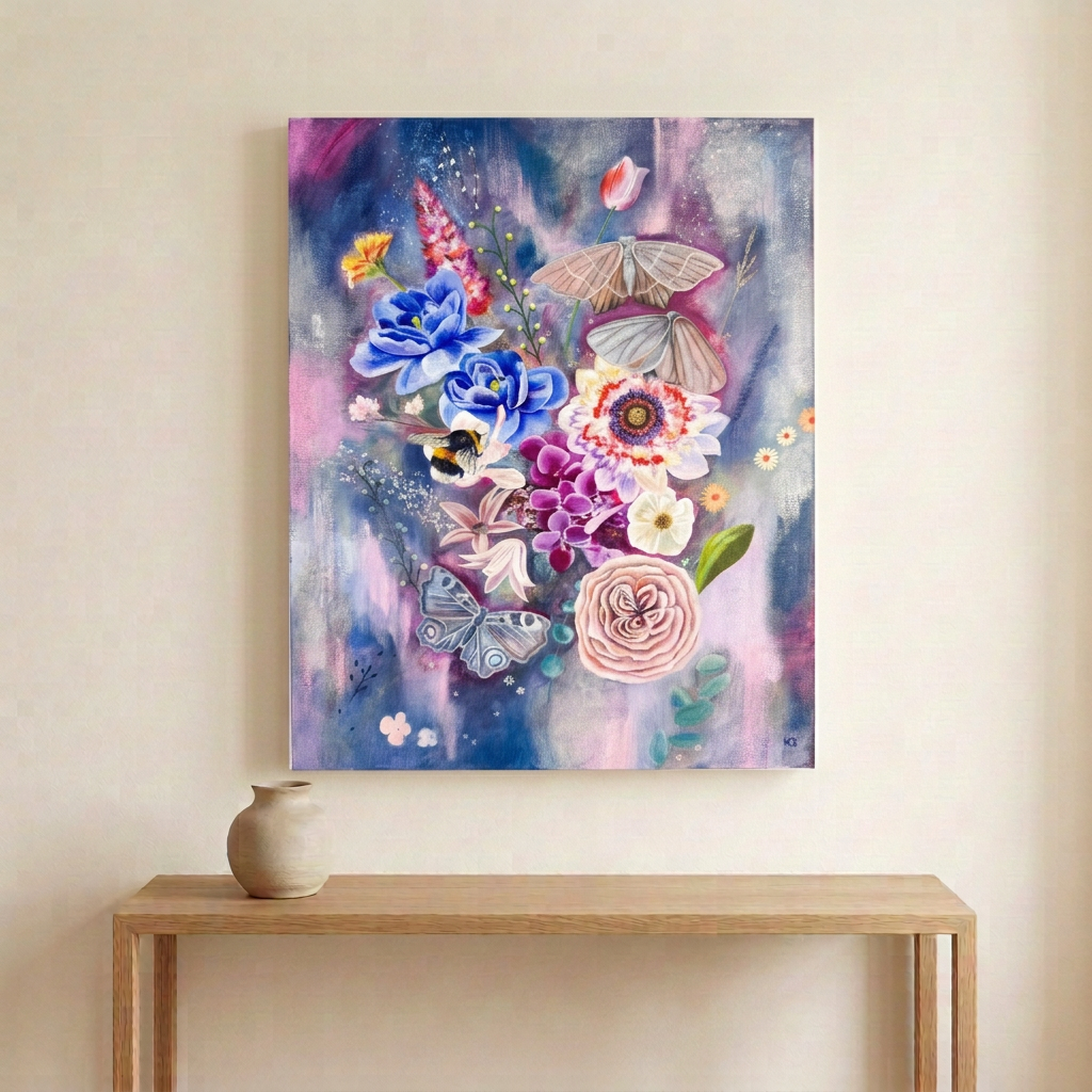 Moonstone floral canvas with moths and a bee, displayed above a light oak console against an ivory wall.