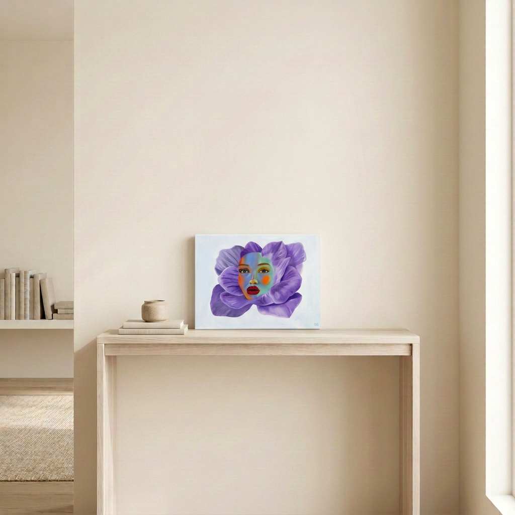 Fleur Forte Volume 4, a colourful woman's face surrounded by purple petals, displayed as an unframed landscape canvas on a pale wood console in a neutral room.