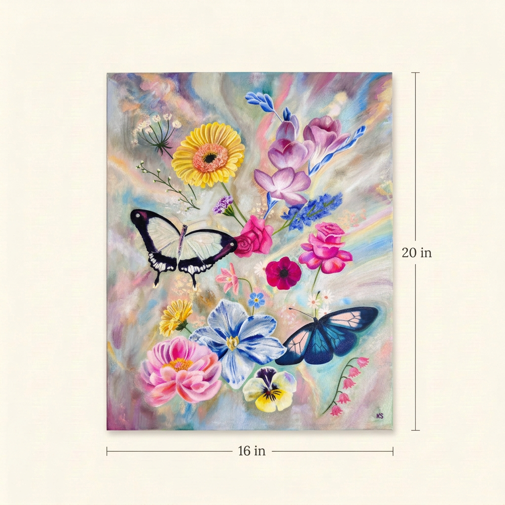 Sunstone floral and butterfly painting shown in full with dimension lines indicating 16 inches wide and 20 inches high.