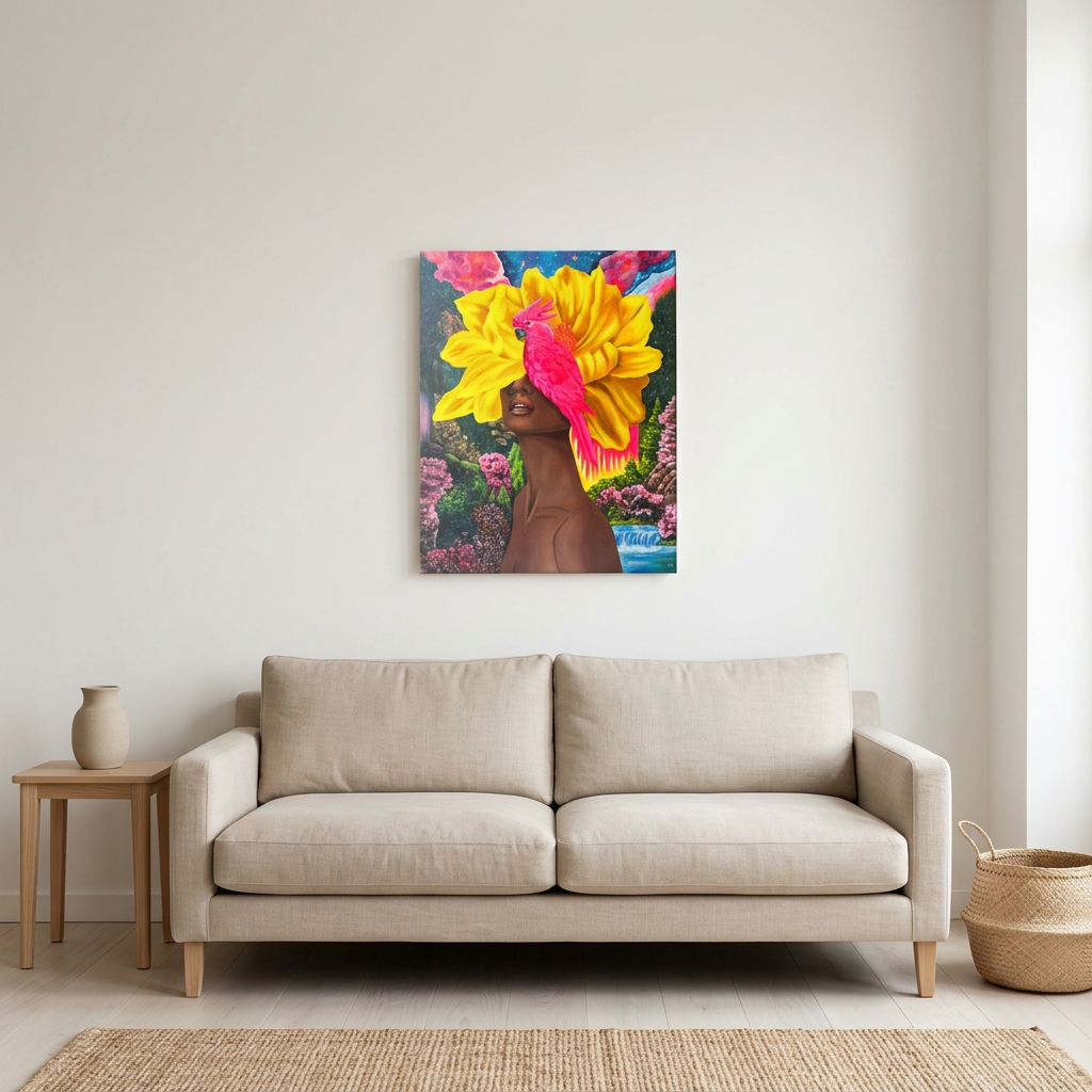 Requiem For A Legend original painting shown unframed on a neutral wall above a beige sofa in a neutral living room