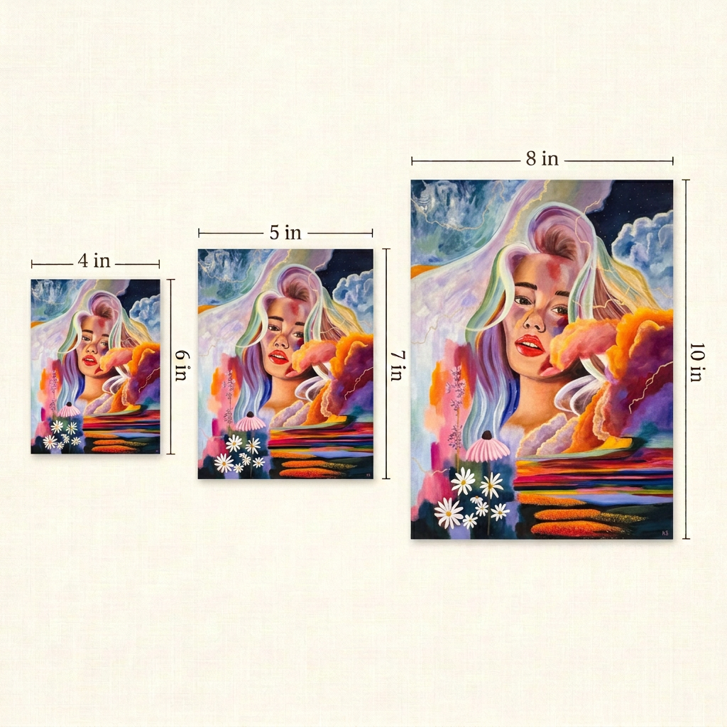 Size guide showing the Electric Heaven Print in 4 x 6, 5 x 7, and 8 x 10 inch portrait sizes with width and height labels on a warm ivory background