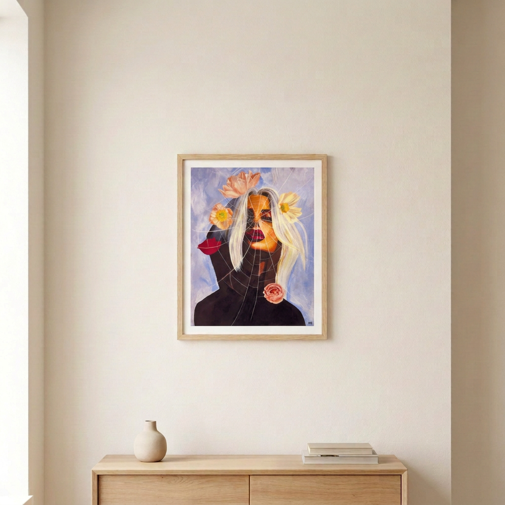 Black Widow Print in a slim light wood frame with a white border above a pale wood console in a neutral room.