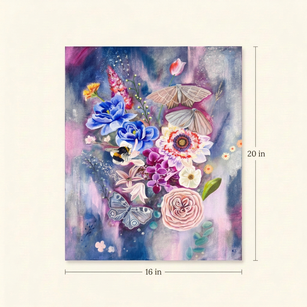 Moonstone size guide showing the complete floral painting, measuring 16 inches wide by 20 inches high.