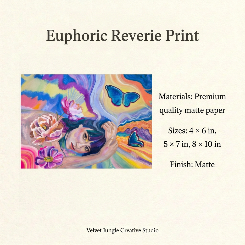 Euphoric Reverie Print details card listing premium quality matte paper, sizes 4 by 6, 5 by 7 and 8 by 10 inches, and a matte finish