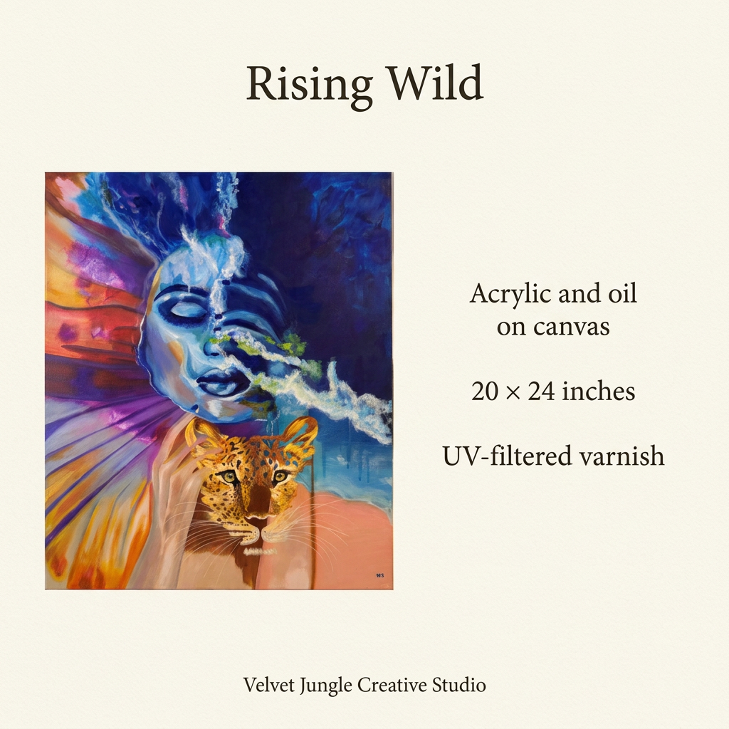 Rising Wild details card: acrylic and oil on canvas, 20 × 24 inches, with UV-filtered varnish.