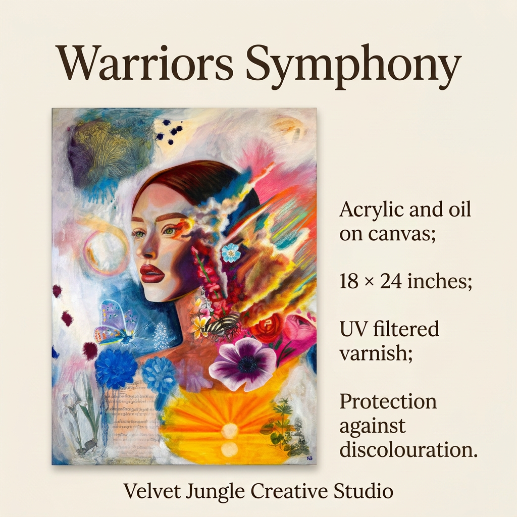 Warriors Symphony full painting beside details: acrylic and oil on canvas, 18 × 24 inches, with UV-filtered varnish for protection against discolouration.