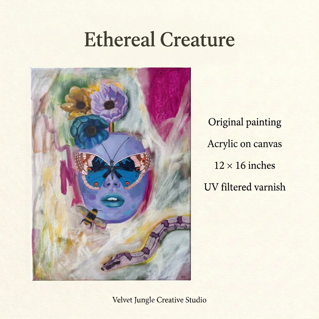 Ethereal Creature details card showing the full artwork beside its specifications: original acrylic painting on canvas, 12 by 16 inches, with UV filtered varnish.