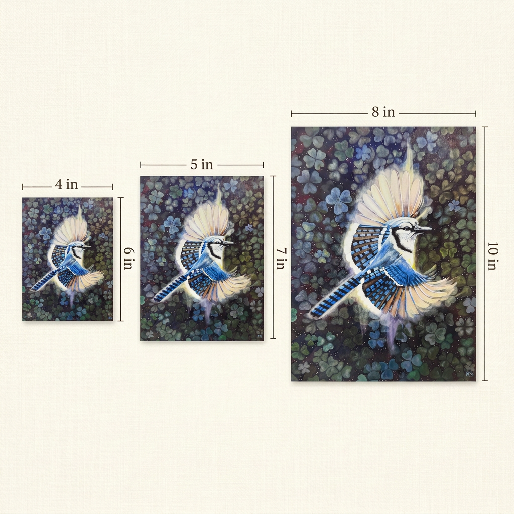 Size guide showing the Evening Flight blue jay print in all three available sizes, 4 x 6 in, 5 x 7 in, and 8 x 10 in, on an ivory background