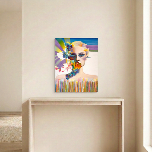 Inside The Prism, a colourful portrait painting with drifting clouds and rainbow streaks, displayed unframed above a pale wood console in a neutral room.