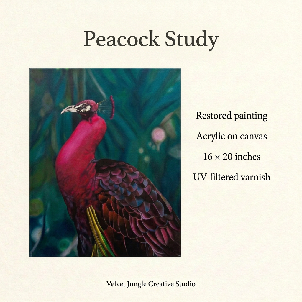 Peacock Study details card with the full peacock artwork: restored painting, acrylic on canvas, 16 by 20 inches, finished with UV-filtered varnish.