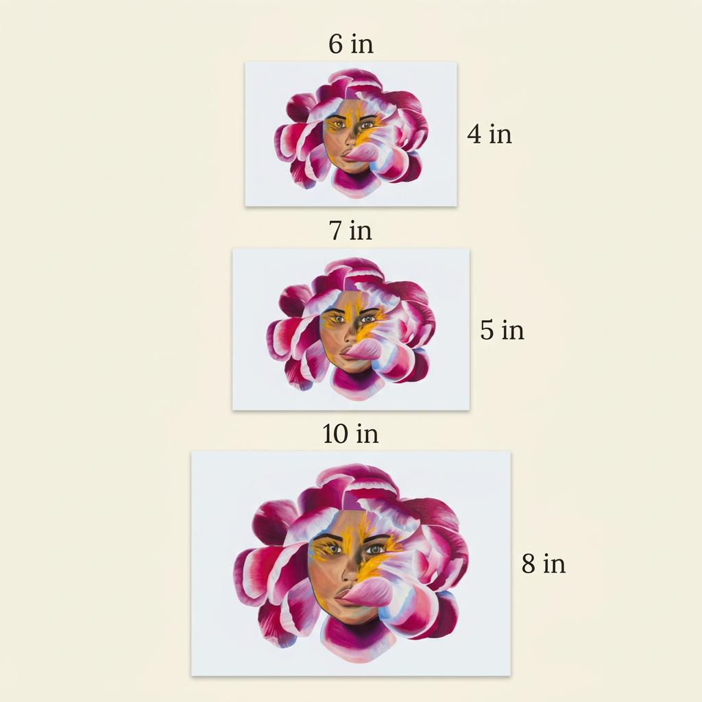 Fleur Forte Volume 3 Print landscape size guide showing the complete floral portrait in 6 x 4, 7 x 5 and 10 x 8 inch sizes, width first.