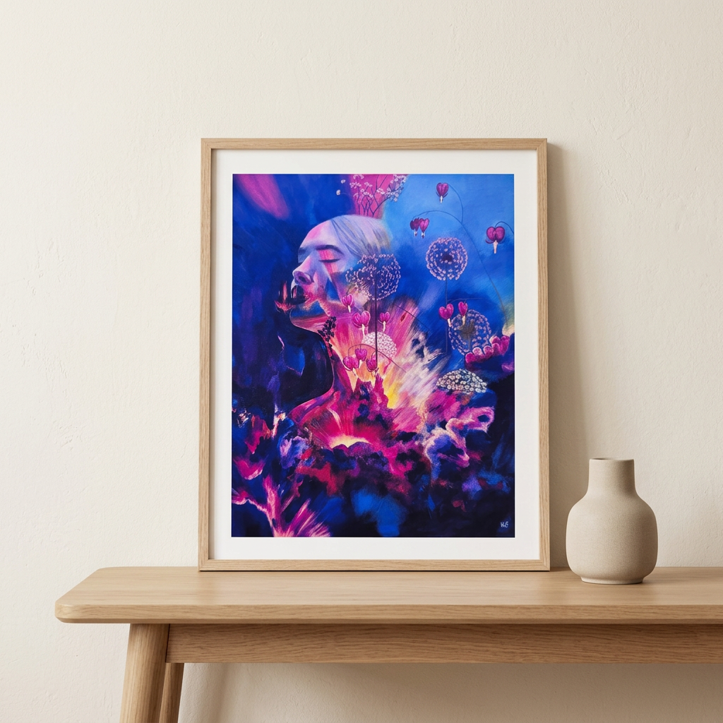 Blazing Heart Print in a light wood frame on a console beside a ceramic vase against an ivory wall. Frame shown for styling.