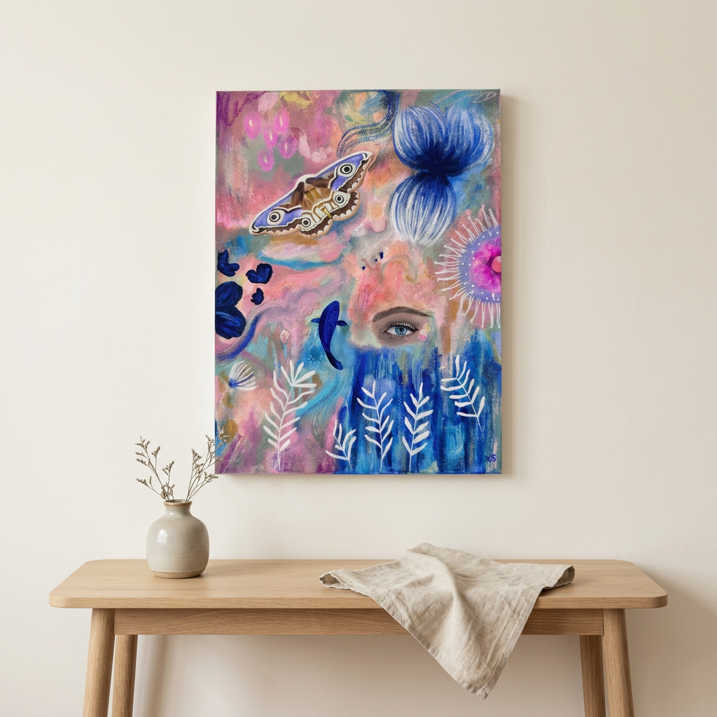 Room mockup of Indigo Reverie, a colourful painting with a moth, flowers and an eye, above a light wood console.