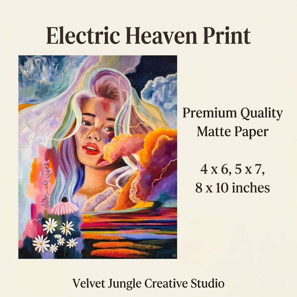 Details card for the Electric Heaven Print showing the full artwork, Premium Quality Matte Paper, 4 x 6, 5 x 7, and 8 x 10 inch sizes, and the Velvet Jungle Creative Studio footer
