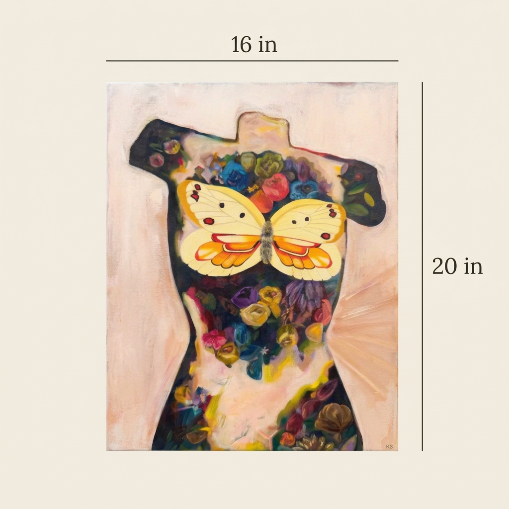 Size guide for Torso Volume 4 showing the complete floral torso and yellow butterfly painting, measuring 16 inches wide by 20 inches high.