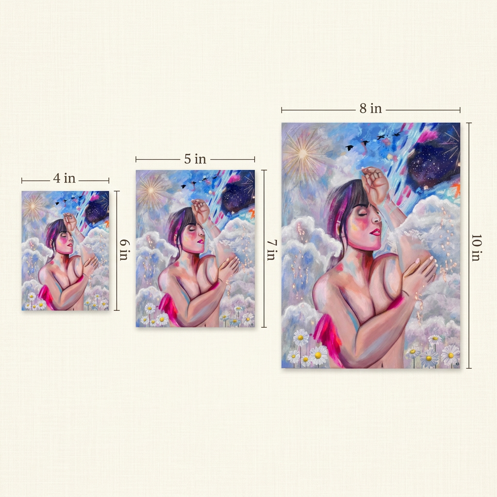 Size guide showing the full Floraison Astrale artwork in all three print sizes: 4 by 6 inches, 5 by 7 inches and 8 by 10 inches