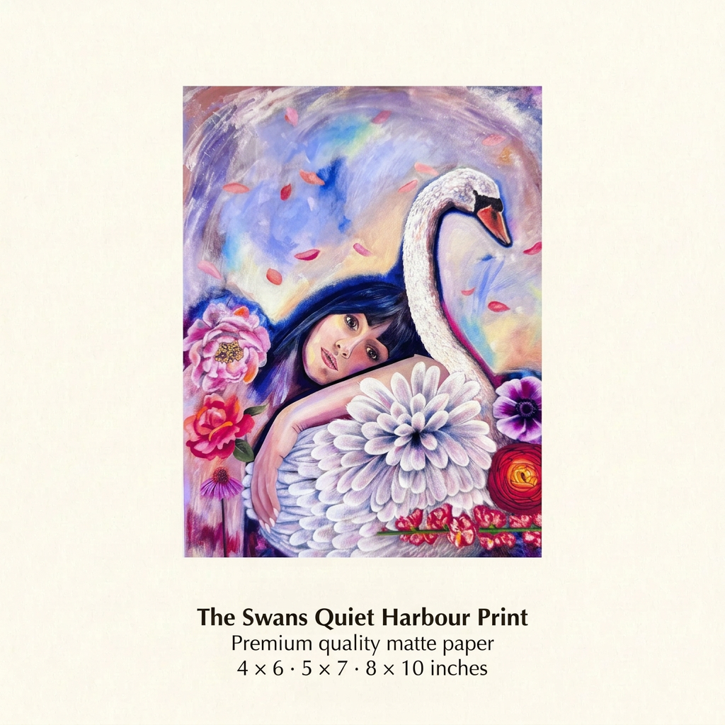 The Swans Quiet Harbour artwork of a woman embracing a white swan, with premium matte paper details and three print sizes.