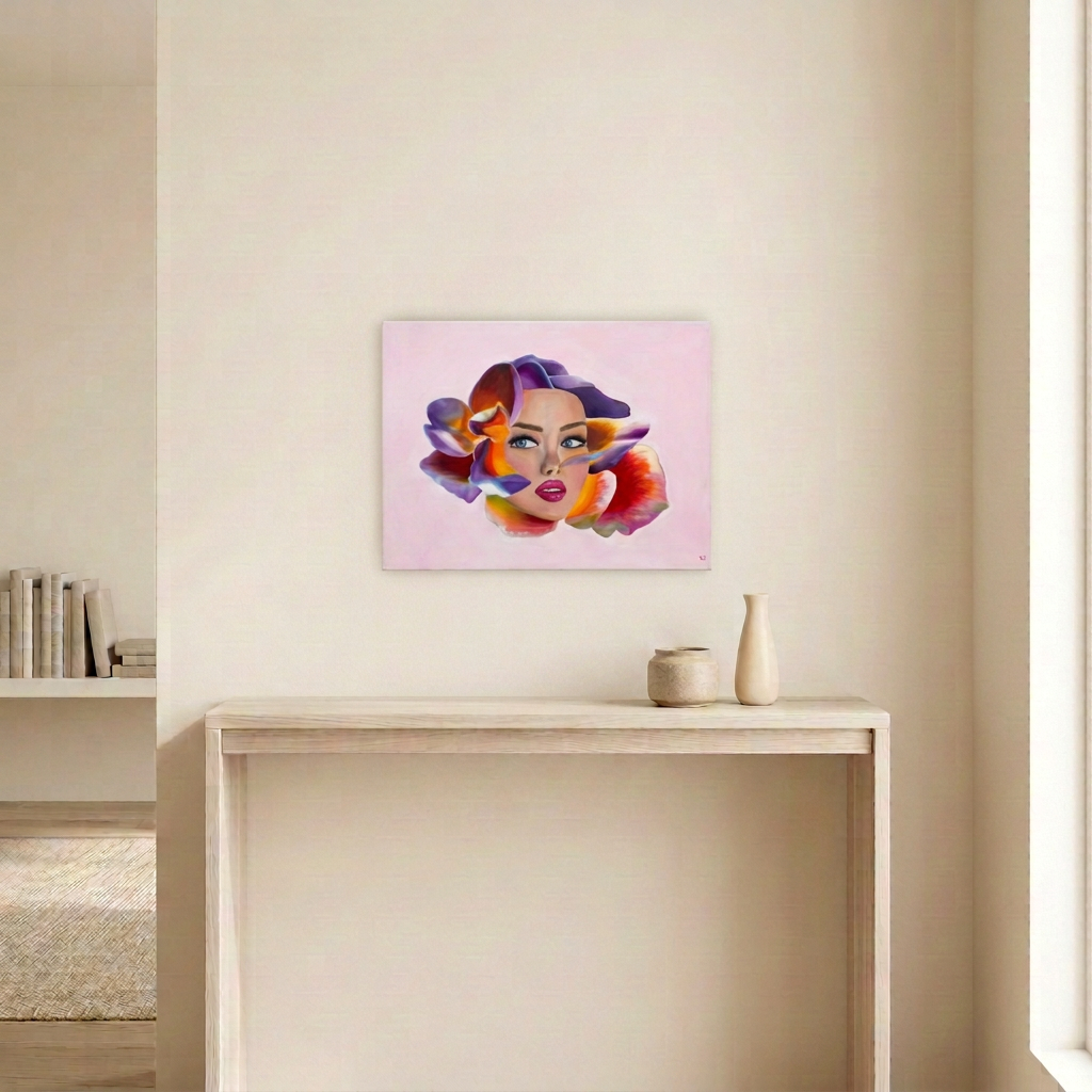 Fleur Forte Volume 2, a landscape painting of a woman's face surrounded by purple, orange and yellow petals on pink, above a pale wood console.