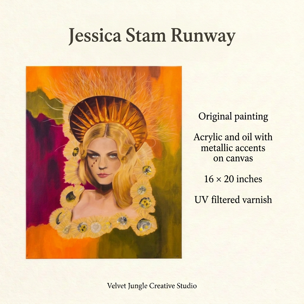 Jessica Stam Runway details card showing the full portrait and its materials: acrylic and oil with metallic accents on canvas, 16 by 20 inches, UV filtered varnish.
