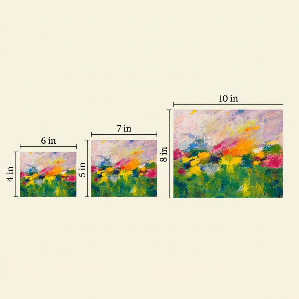 Garden Party Print size guide with three landscape prints side by side on ivory, labelled 6 × 4, 7 × 5 and 10 × 8 inches, with widths above and heights beside.
