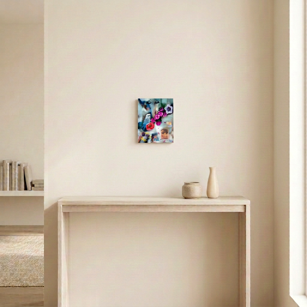 Parfum original painting with a blue budgie, vivid flowers and closed eyes, displayed unframed above a pale wood console in a neutral room.