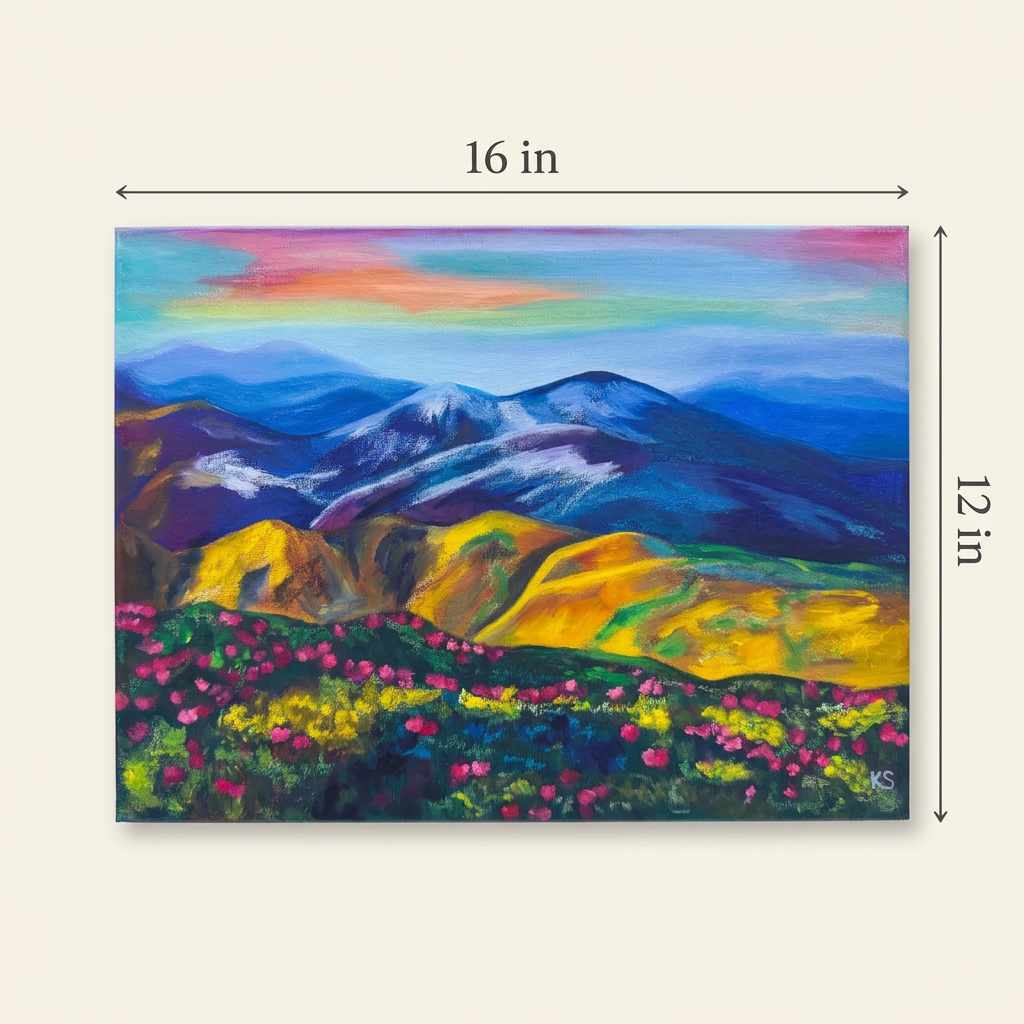 Azurescape original landscape painting size guide showing a width of 16 inches and height of 12 inches on an ivory background.