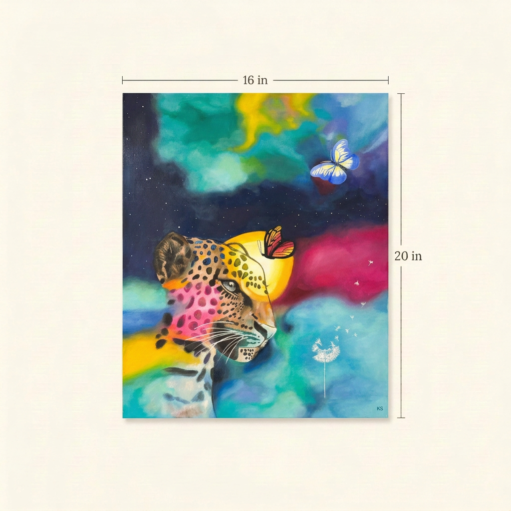 Dreams and Wishes Volume 1 size guide showing the complete colourful cheetah and butterfly painting, measuring 16 inches wide by 20 inches high.