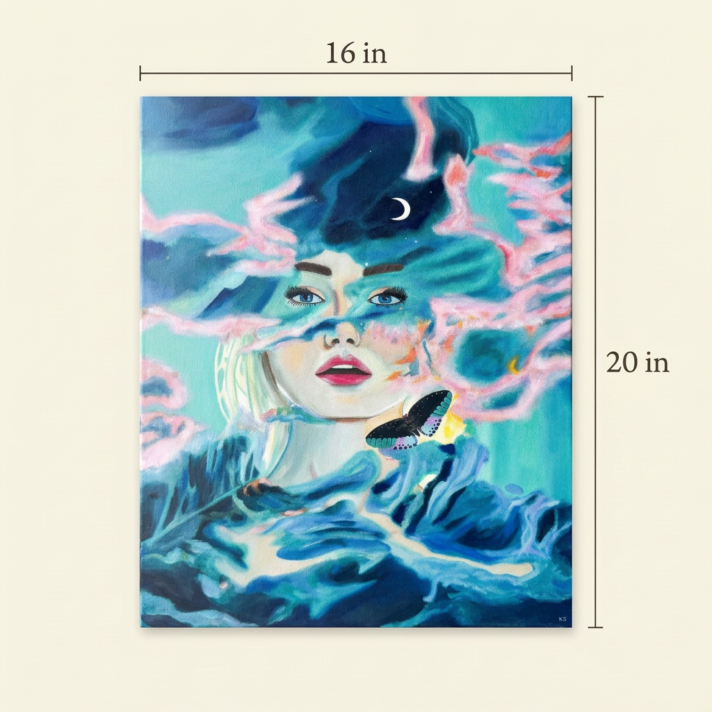 Past Midnight size guide showing the complete portrait painting with dimensions of 16 inches wide by 20 inches high on an ivory background.