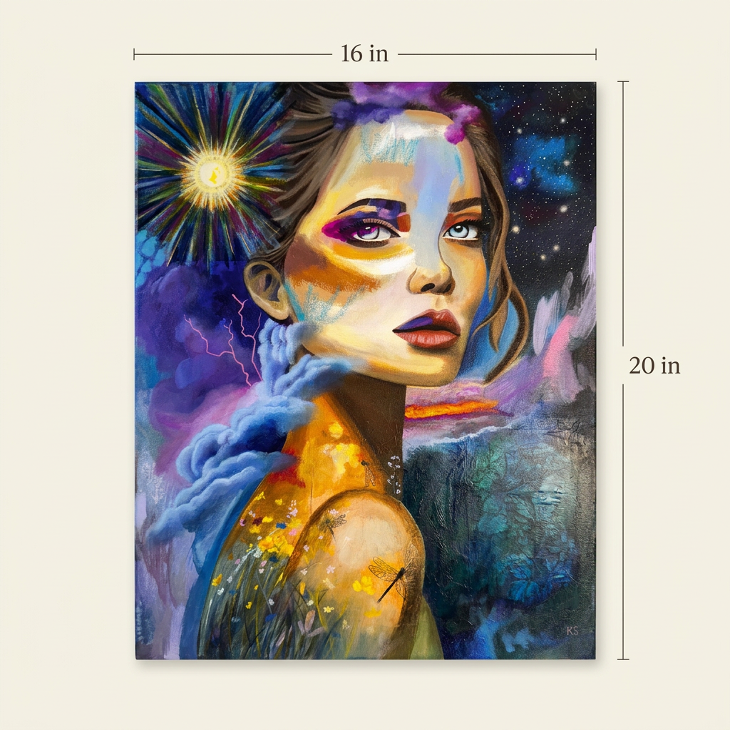 Size guide showing the full In Her Element original painting, 16 inches wide by 20 inches high.
