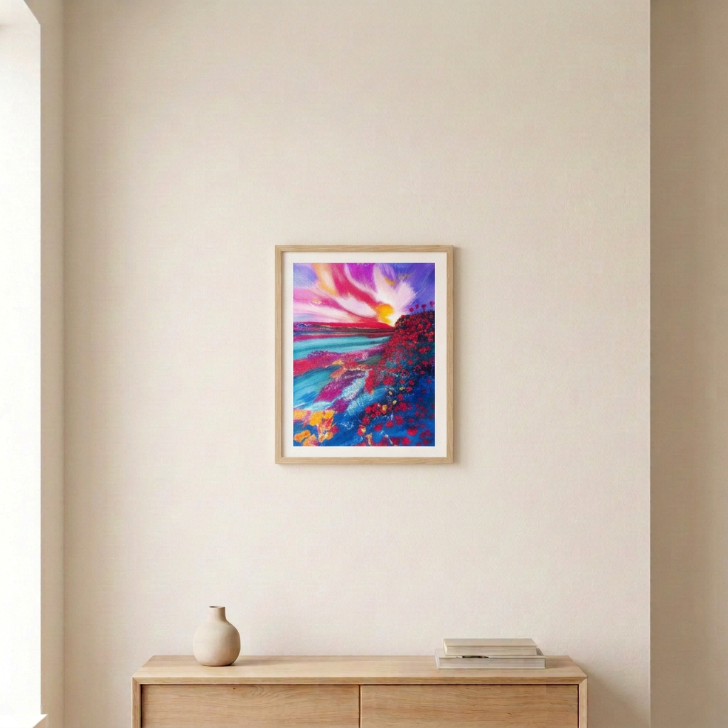 Chromascape Print in a light wood frame with a white border above a pale wood console in a neutral room.