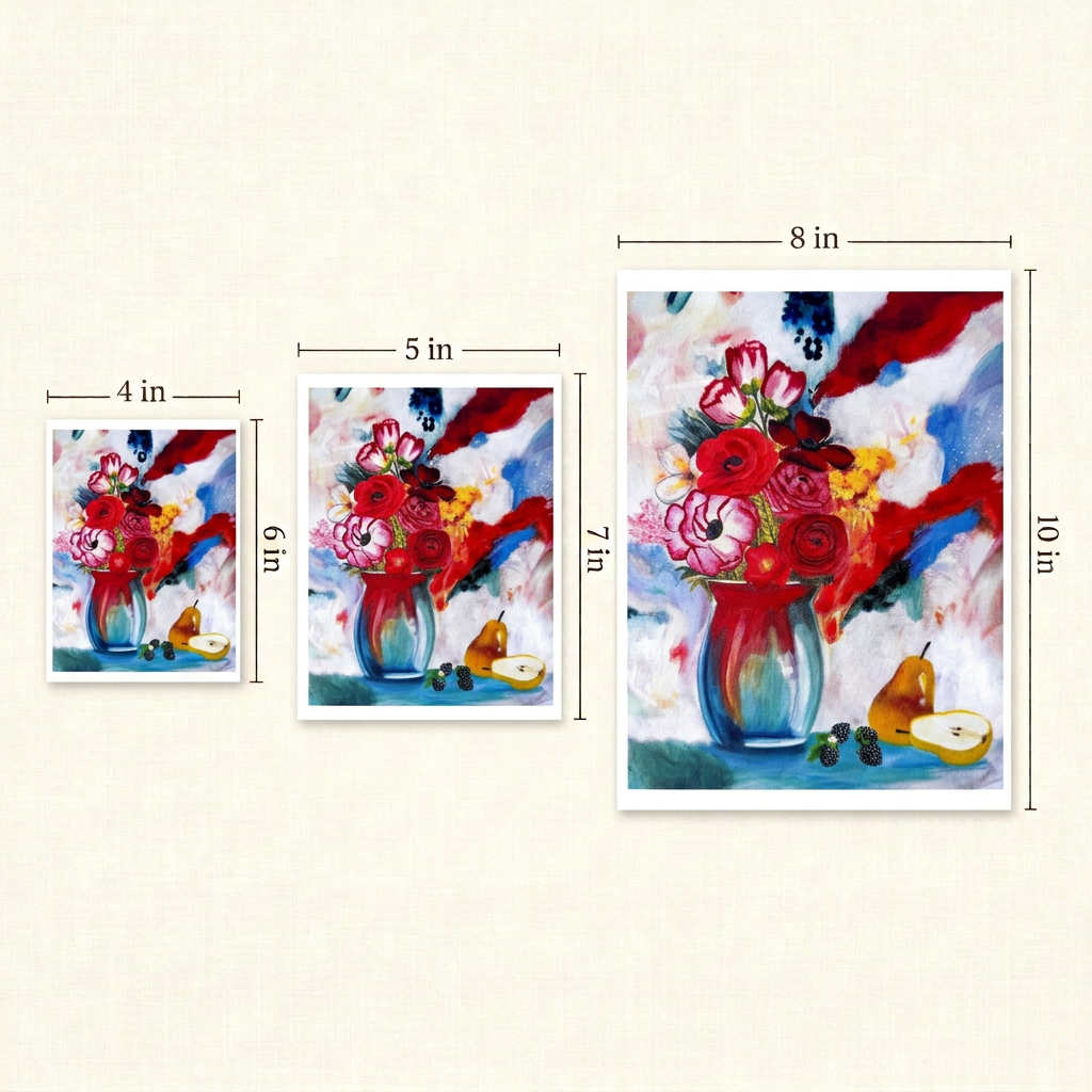 Fresh and Glowy floral print size guide showing portrait prints with flowers, a vase, pear and blackberries in 4 × 6, 5 × 7 and 8 × 10 inches.