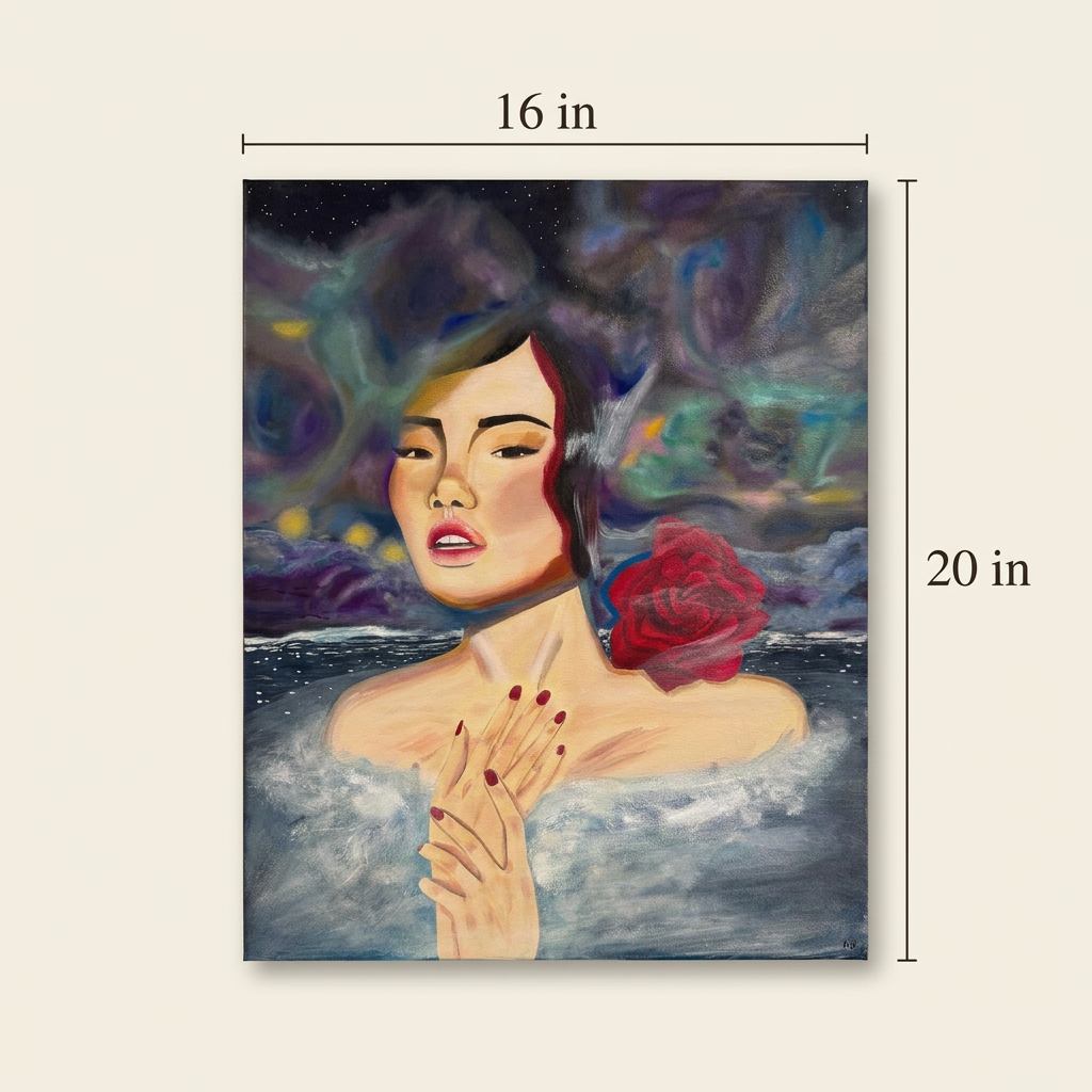 Midnight Lover original painting size guide showing the full artwork with 16 inch width and 20 inch height labels