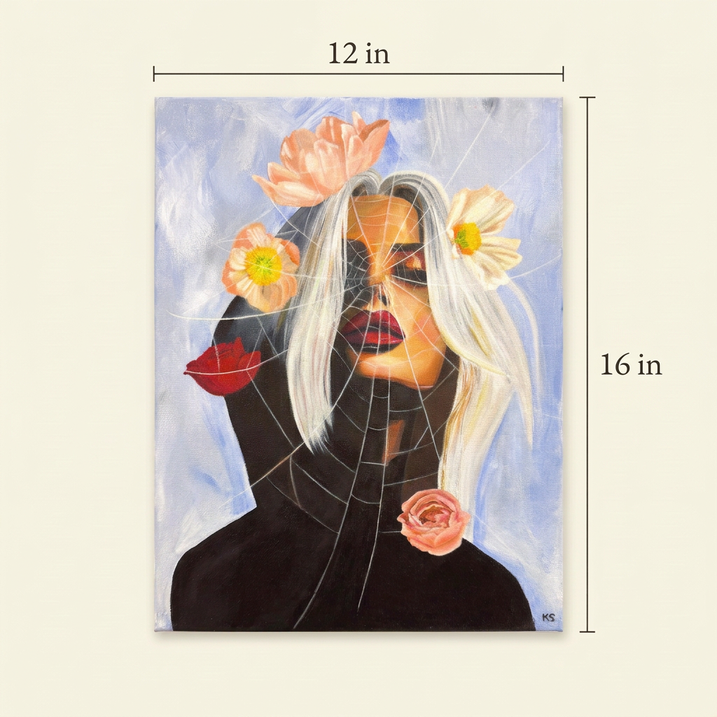 Black Widow painting size guide showing the complete portrait artwork with dimensions of 12 inches wide by 16 inches high on an ivory background.