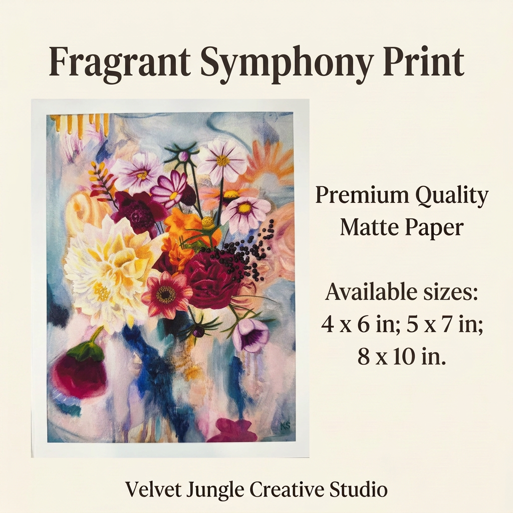 Fragrant Symphony Print details card with the full floral artwork, premium quality matte paper and available sizes of 4 by 6, 5 by 7 and 8 by 10 inches.