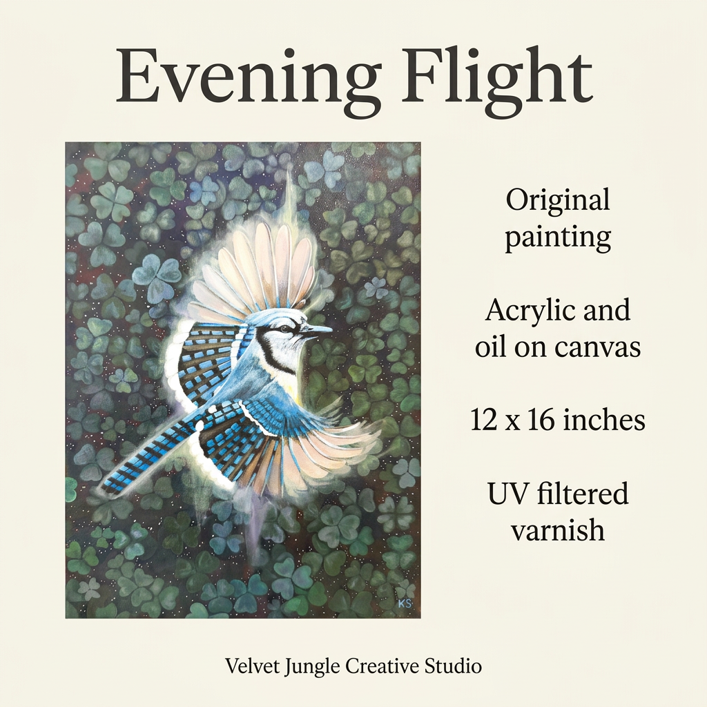 Evening Flight original painting details: acrylic and oil on canvas, 12 by 16 inches, with UV filtered varnish, by Velvet Jungle Creative Studio.