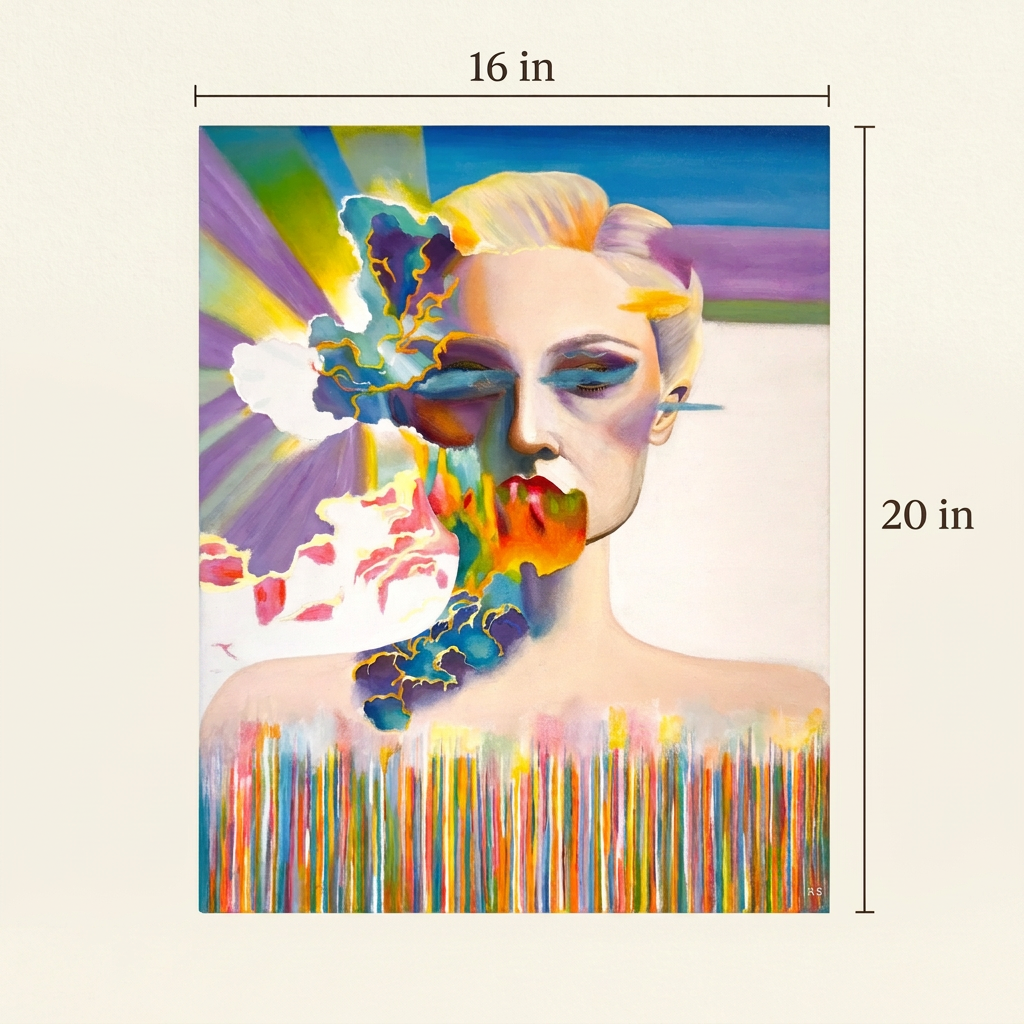 Size guide showing the complete Inside The Prism portrait painting, measuring 16 inches wide by 20 inches high.