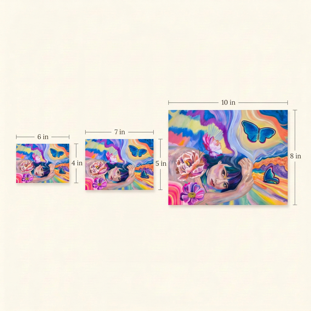 Size guide showing the full Euphoric Reverie artwork in all three print sizes: 6 by 4 inches, 7 by 5 inches and 10 by 8 inches