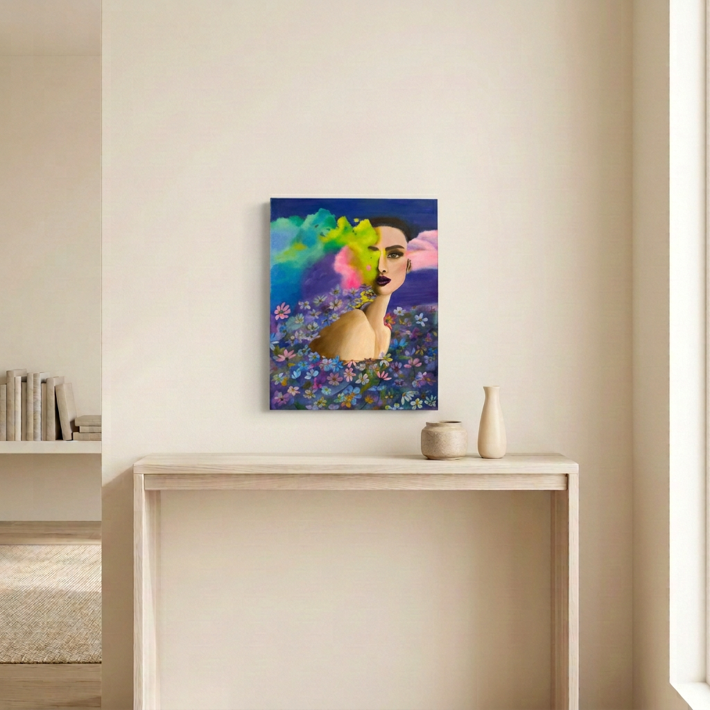 Lucid Dream original acrylic and oil painting on a 16 x 20 inch canvas, hanging unframed on a warm neutral wall above a light wood console with ceramic vases