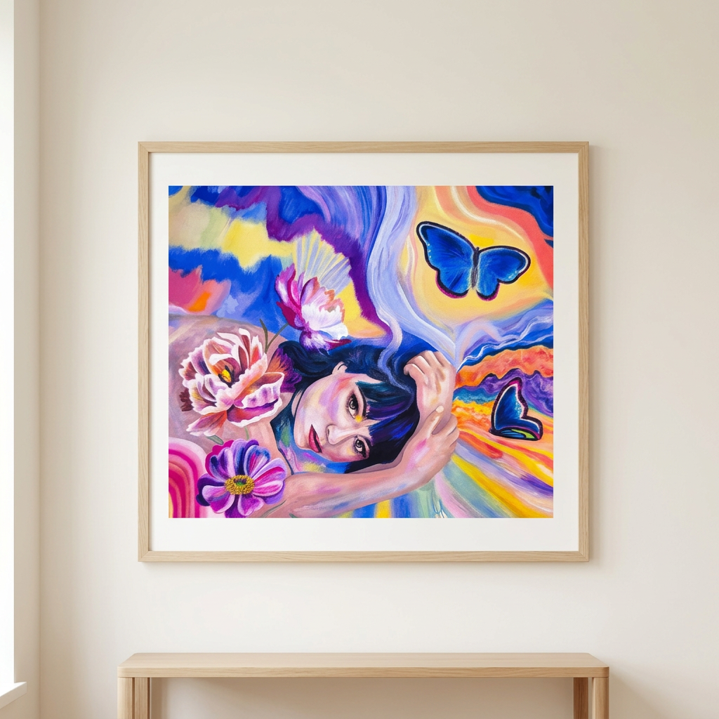 Euphoric Reverie art print with a white border in a slim light wood frame, hanging on a warm neutral wall above a light oak console