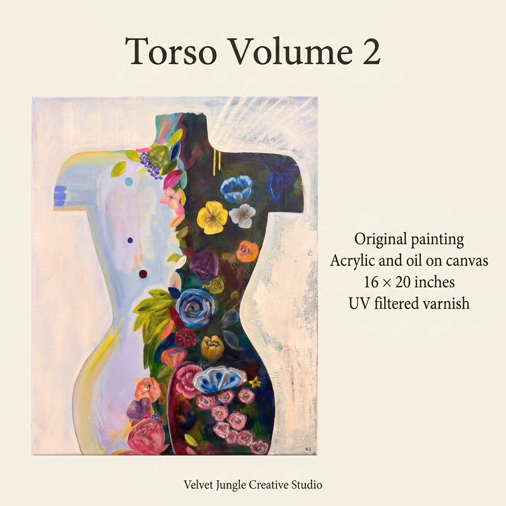 Torso Volume 2 details card showing the complete painting beside its specifications: original acrylic and oil on canvas, 16 × 20 inches, finished with UV filtered varnish.