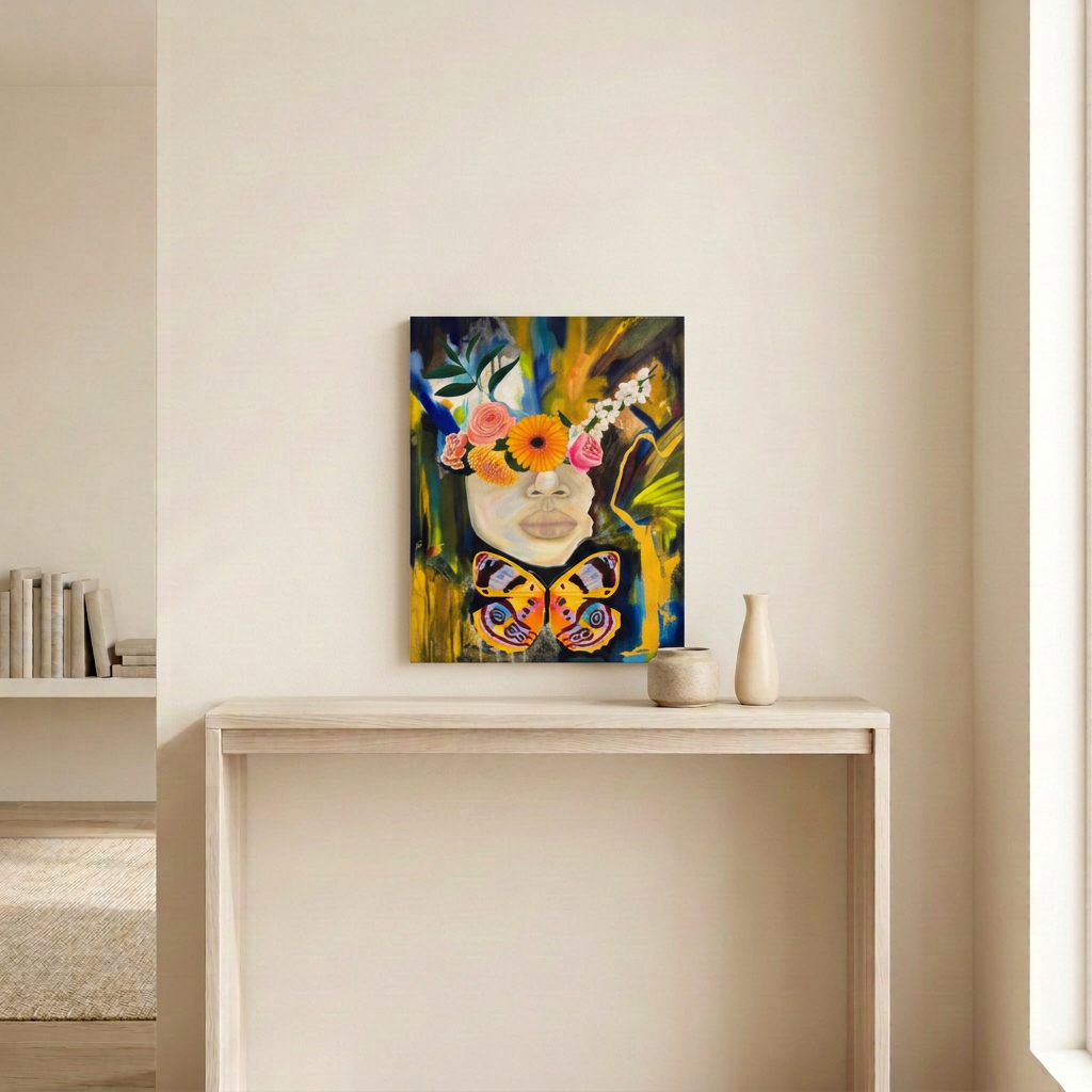 Still and Maximal, an unframed floral portrait with a colourful butterfly, displayed above a pale wood console in a neutral room.