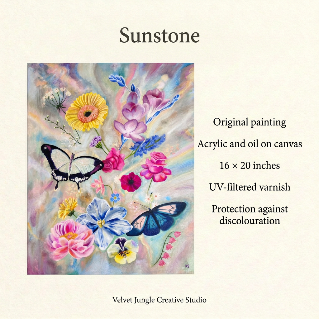 Sunstone details card with the full painting on the left and specifications on the right: acrylic and oil on canvas, 16 by 20 inches, with UV-filtered varnish.
