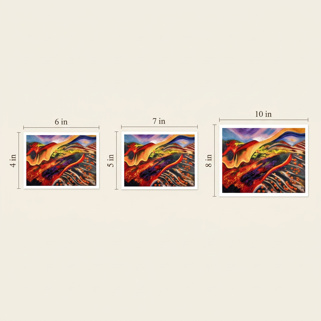 Escapade Print landscape size guide showing three white-bordered prints labelled 6 × 4, 7 × 5 and 10 × 8 inches on an ivory background.