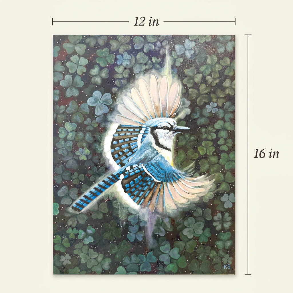 Size guide showing the complete Evening Flight blue jay and clover painting, measuring 12 inches wide by 16 inches tall.