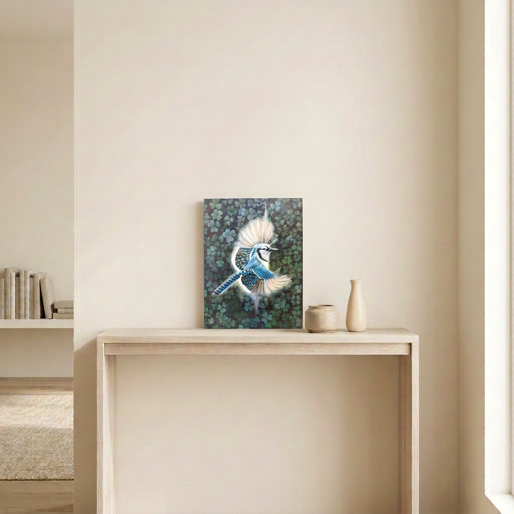 Evening Flight blue jay and clover painting displayed as a small unframed canvas on a pale wood console in a softly lit neutral room.
