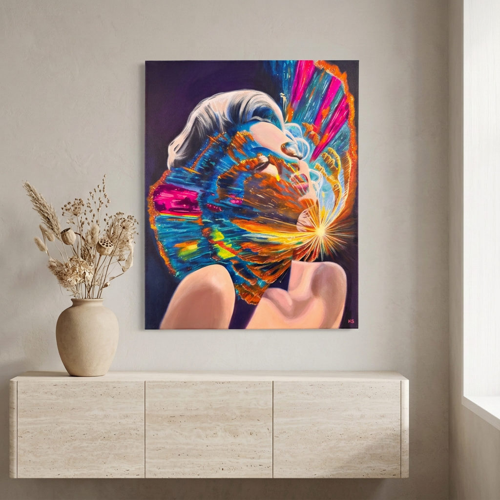 In Her Realm unframed portrait painting above a pale travertine sideboard with a ceramic vase of dried flowers in a neutral room.