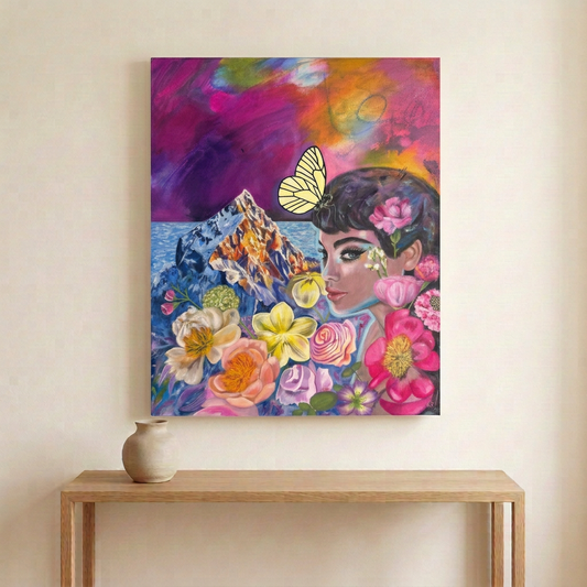 Moonlit Mountain Muse canvas featuring a woman, mountain and flowers above an oak console against an ivory wall.