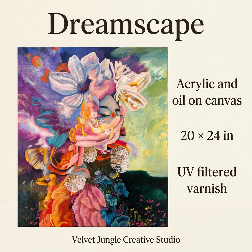 Dreamscape details card with the full artwork and the materials, dimensions, and finish: acrylic and oil on canvas, 20 by 24 inches, UV filtered varnish
