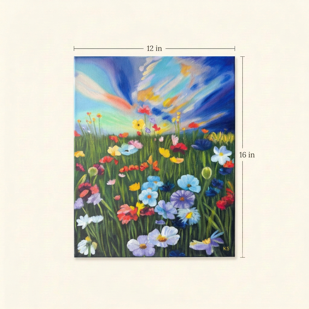 Size guide showing the complete Sway wildflower meadow painting, measuring 12 inches wide by 16 inches high.